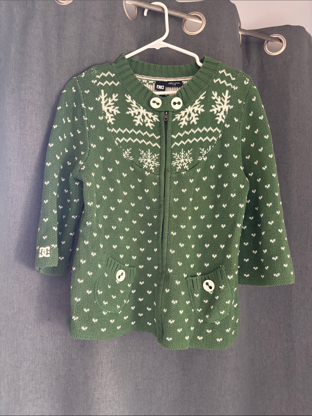 DC Girls' Green Knit Zip Cardigan with White Snowflake Jacquard